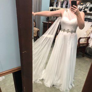 1 Shoulder Flowy Wedding Dress, White Sz 6, Prom Pageant Grecian Goddess $600